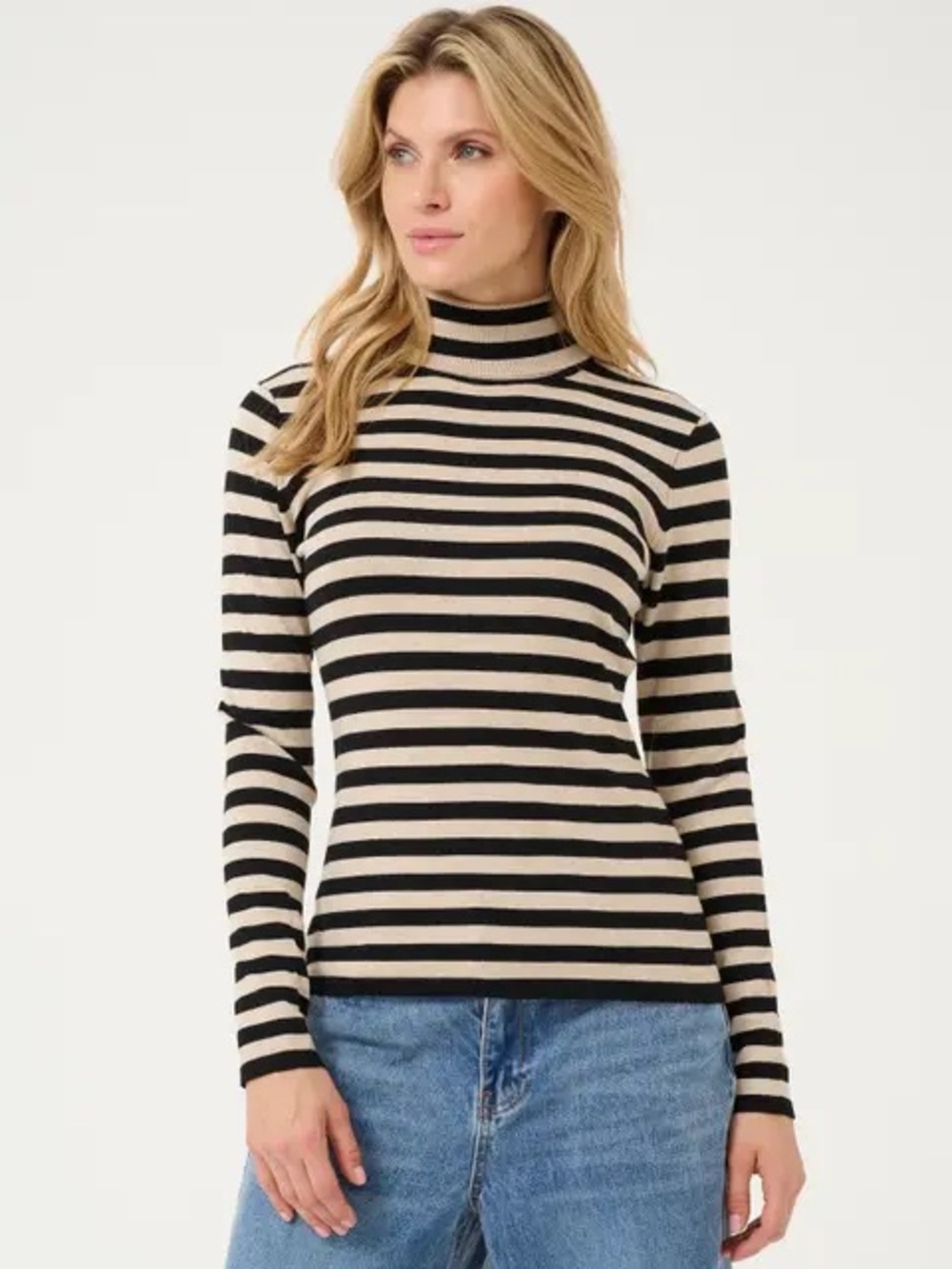 H&M Black and Cream Striped Mock Neck Long-Sleeve Top Sz S NWT